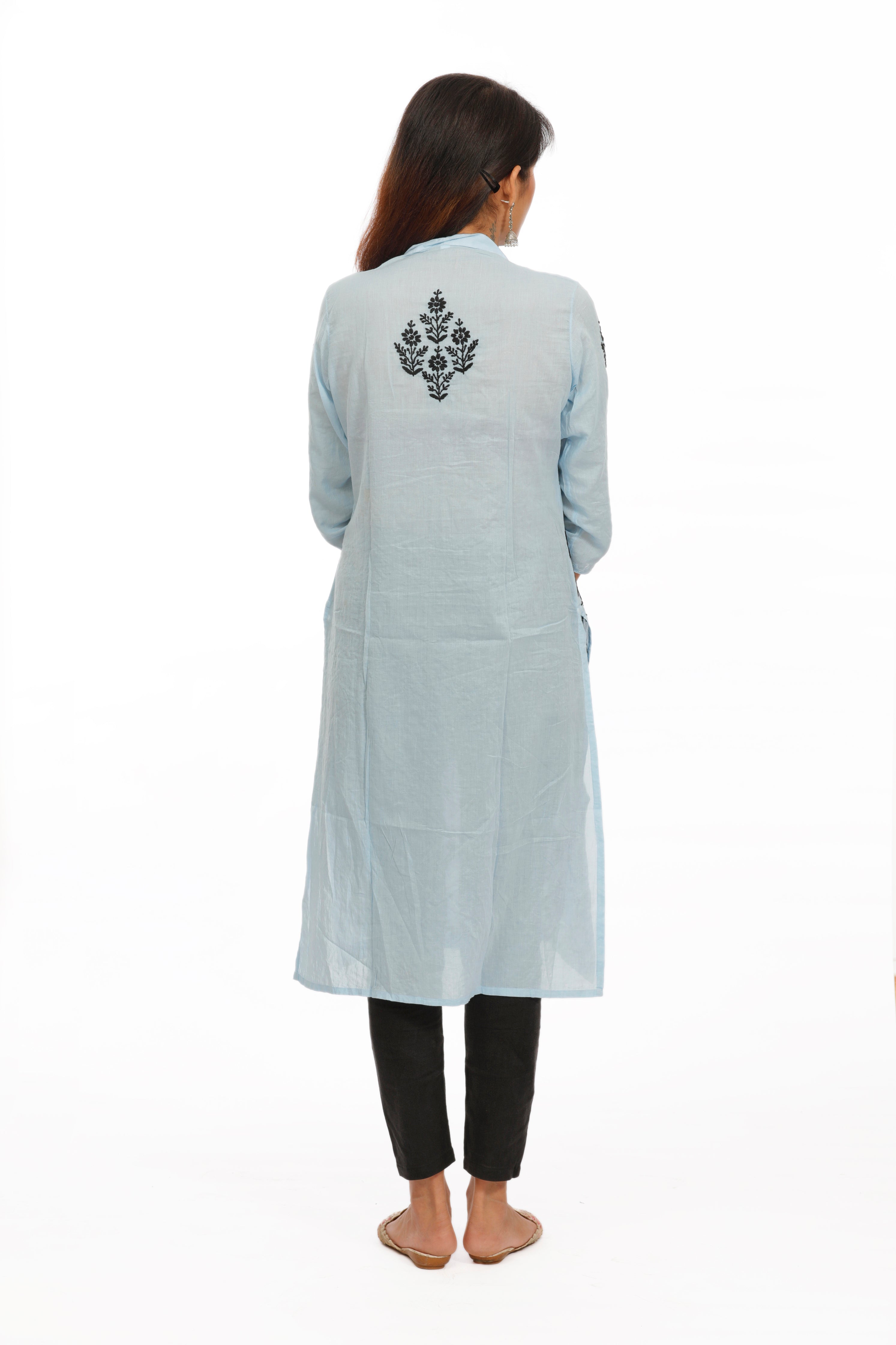 Mandarin Collar Chikankari Cotton Straight Kurta