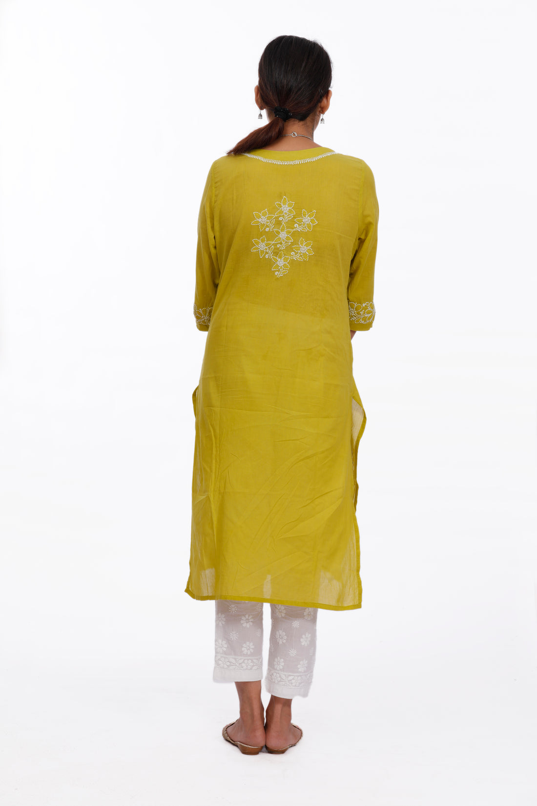 Chikankari cotton straight mehndi color potli button kurta