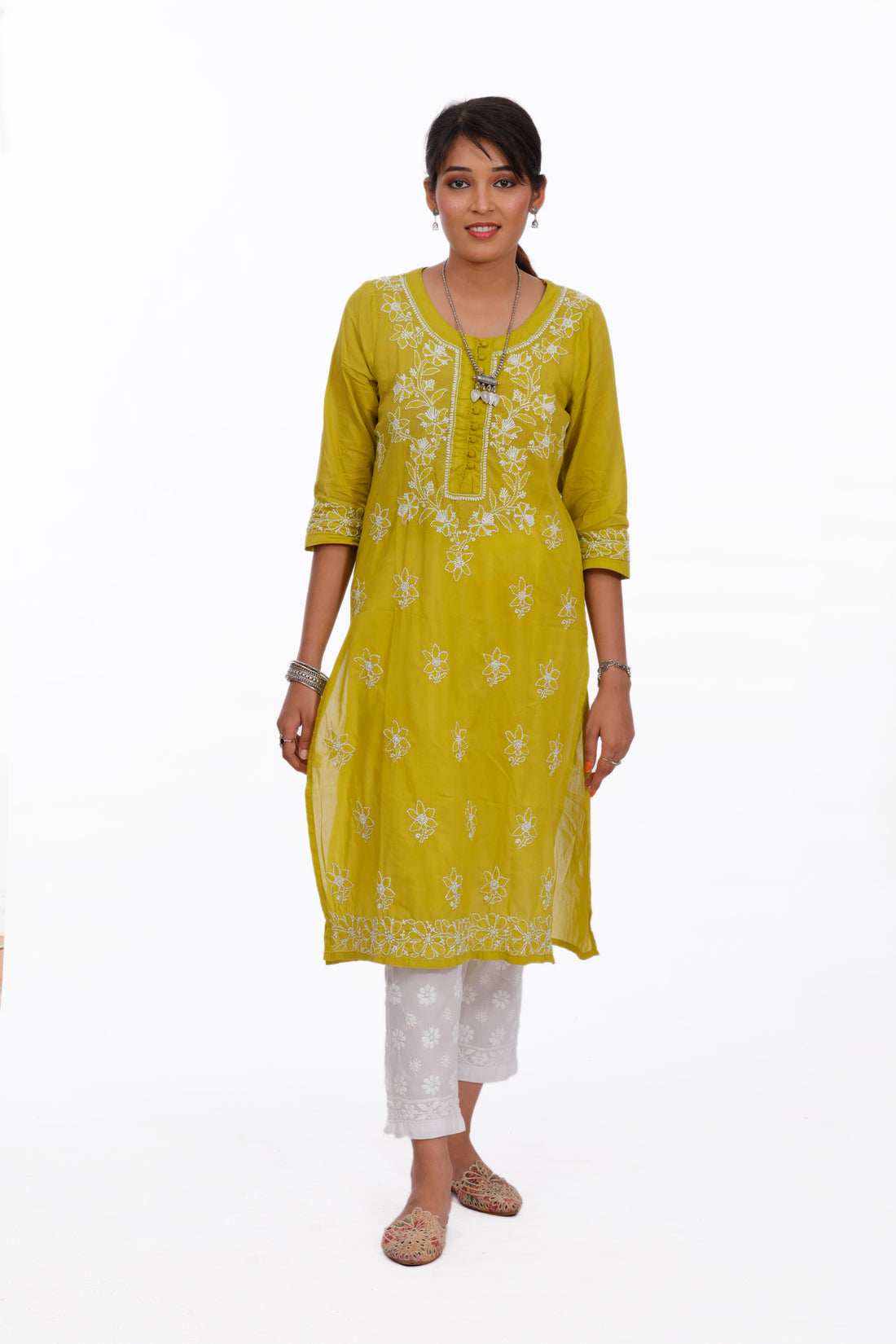 Chikankari cotton straight mehndi color potli button kurta