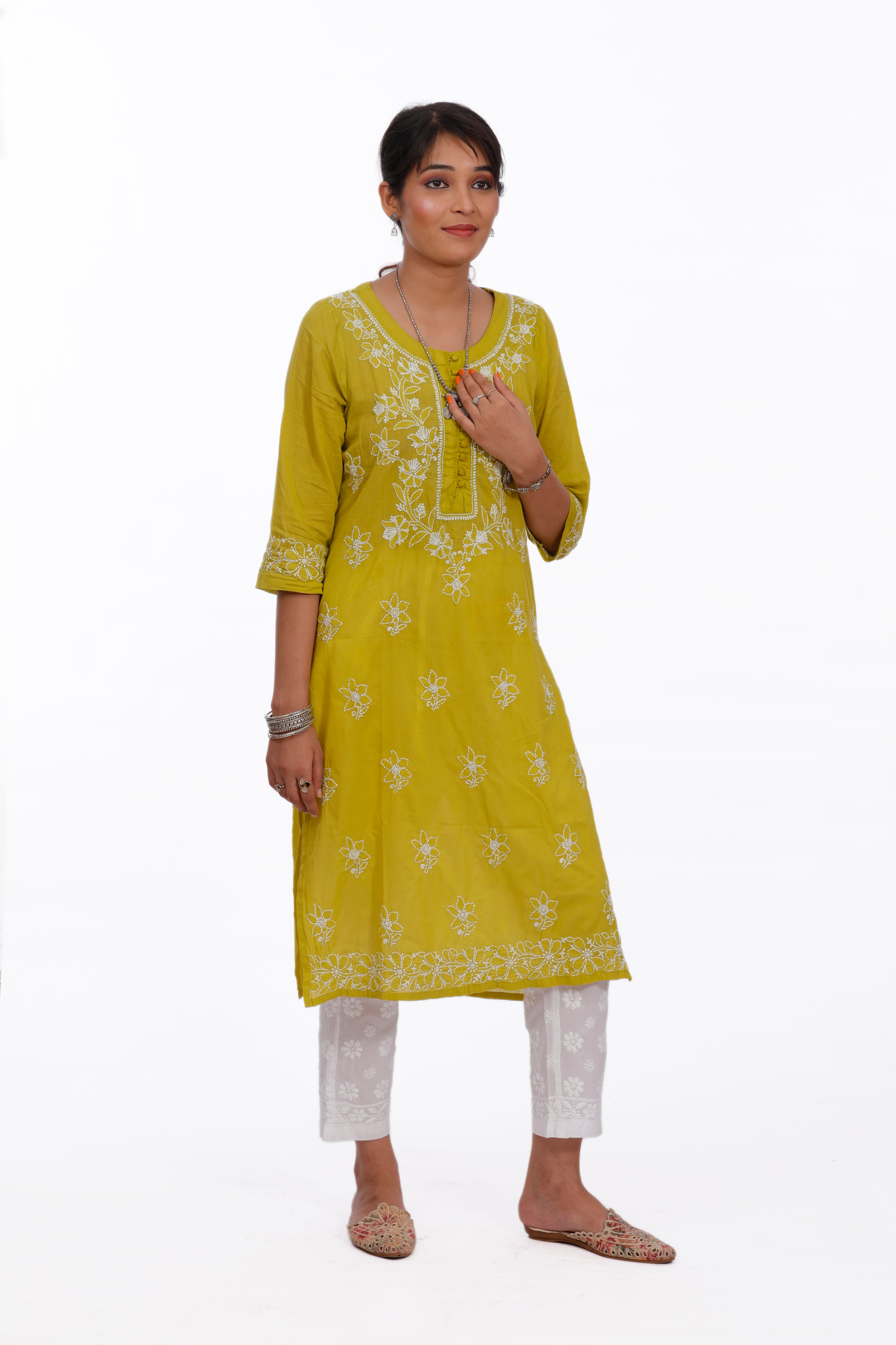 Chikankari cotton straight mehndi color potli button kurta