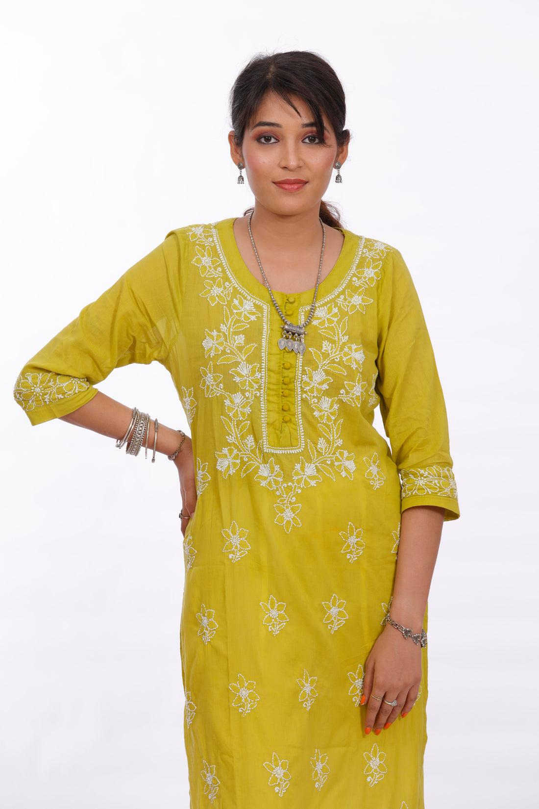 Chikankari cotton straight mehndi color potli button kurta