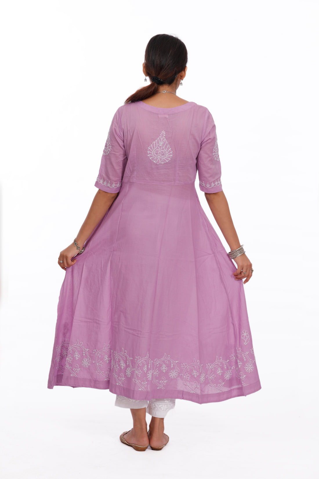 Chikankari cotton A-line lilac  kurta