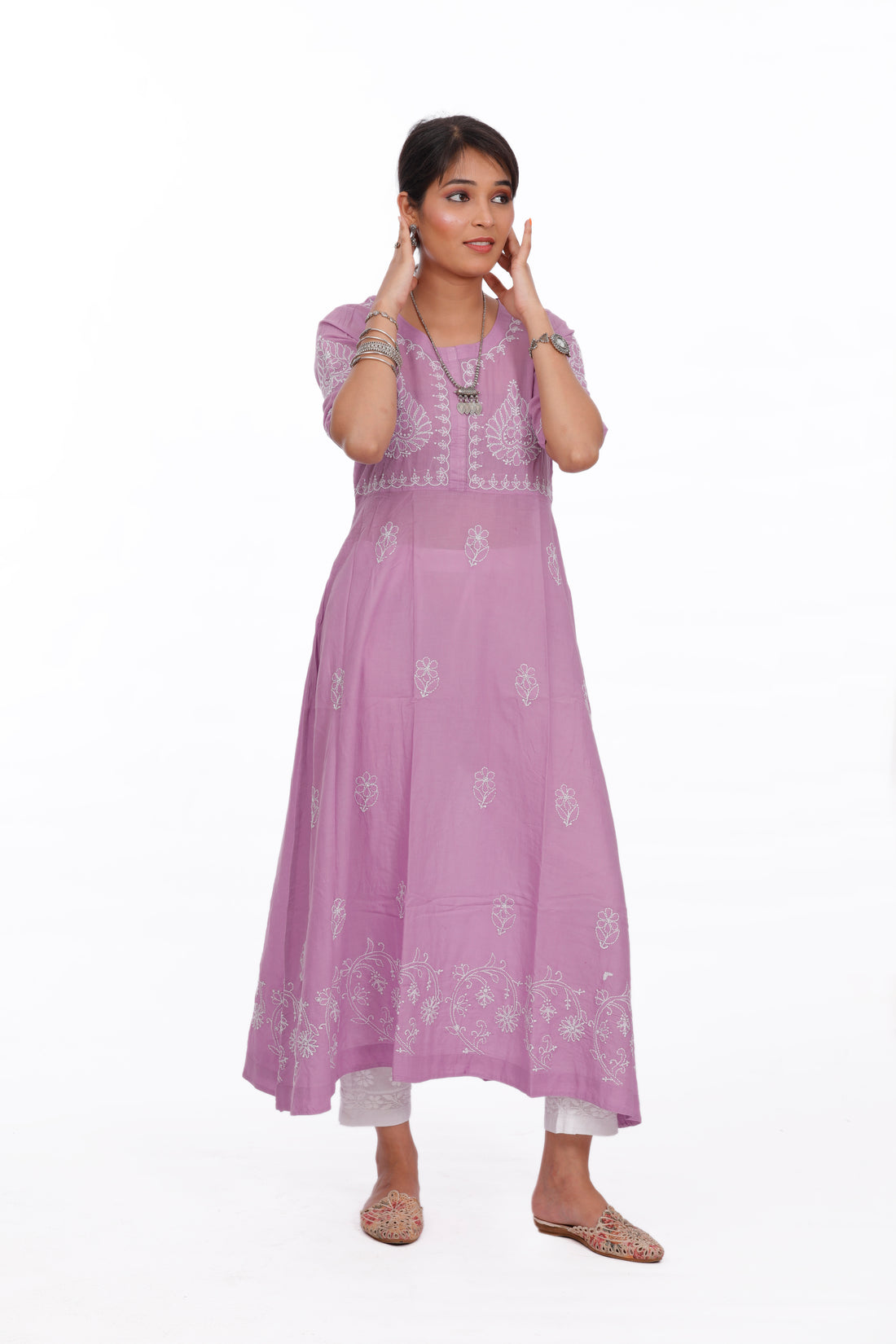 Chikankari cotton A-line lilac  kurta