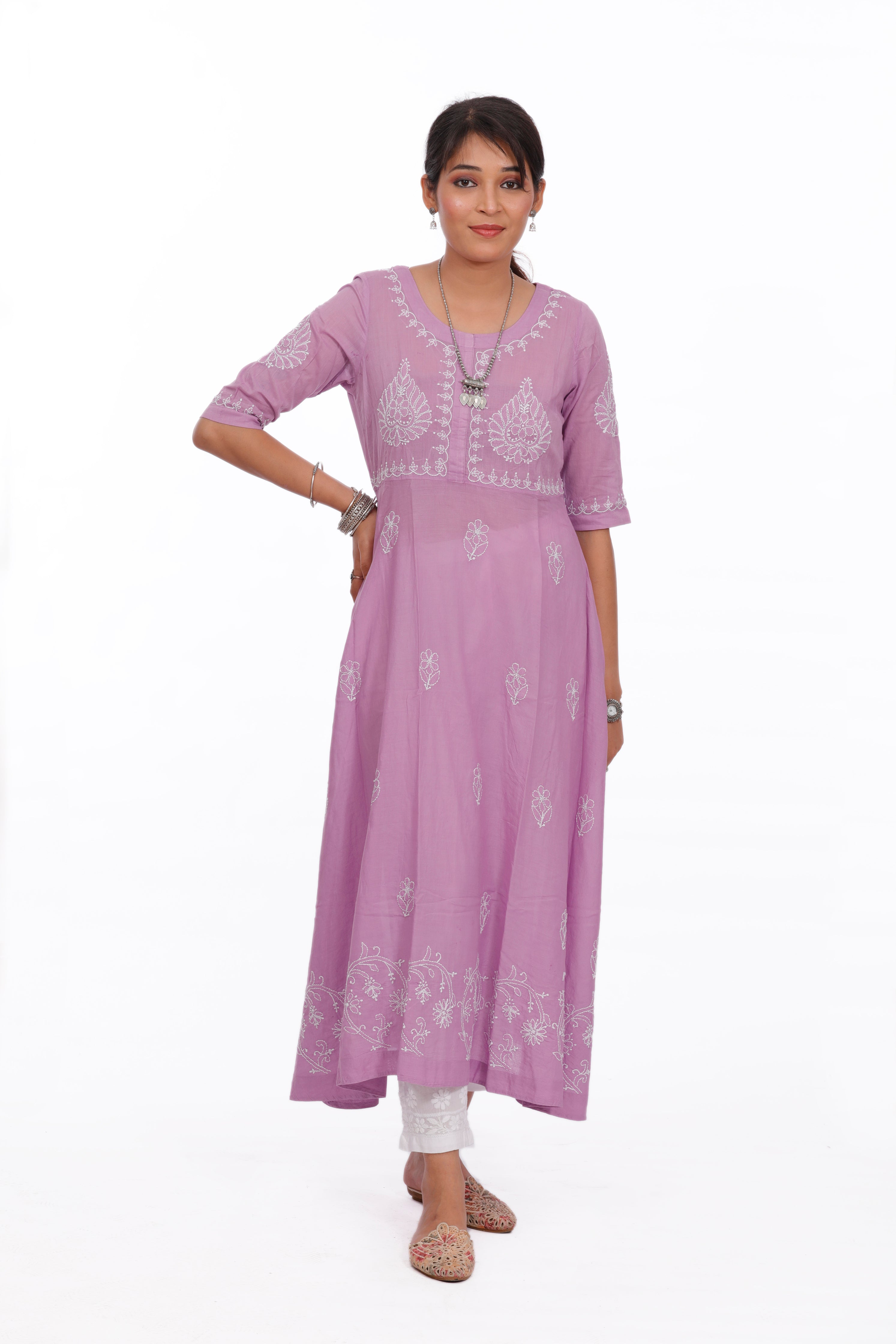 Chikankari cotton A-line lilac  kurta