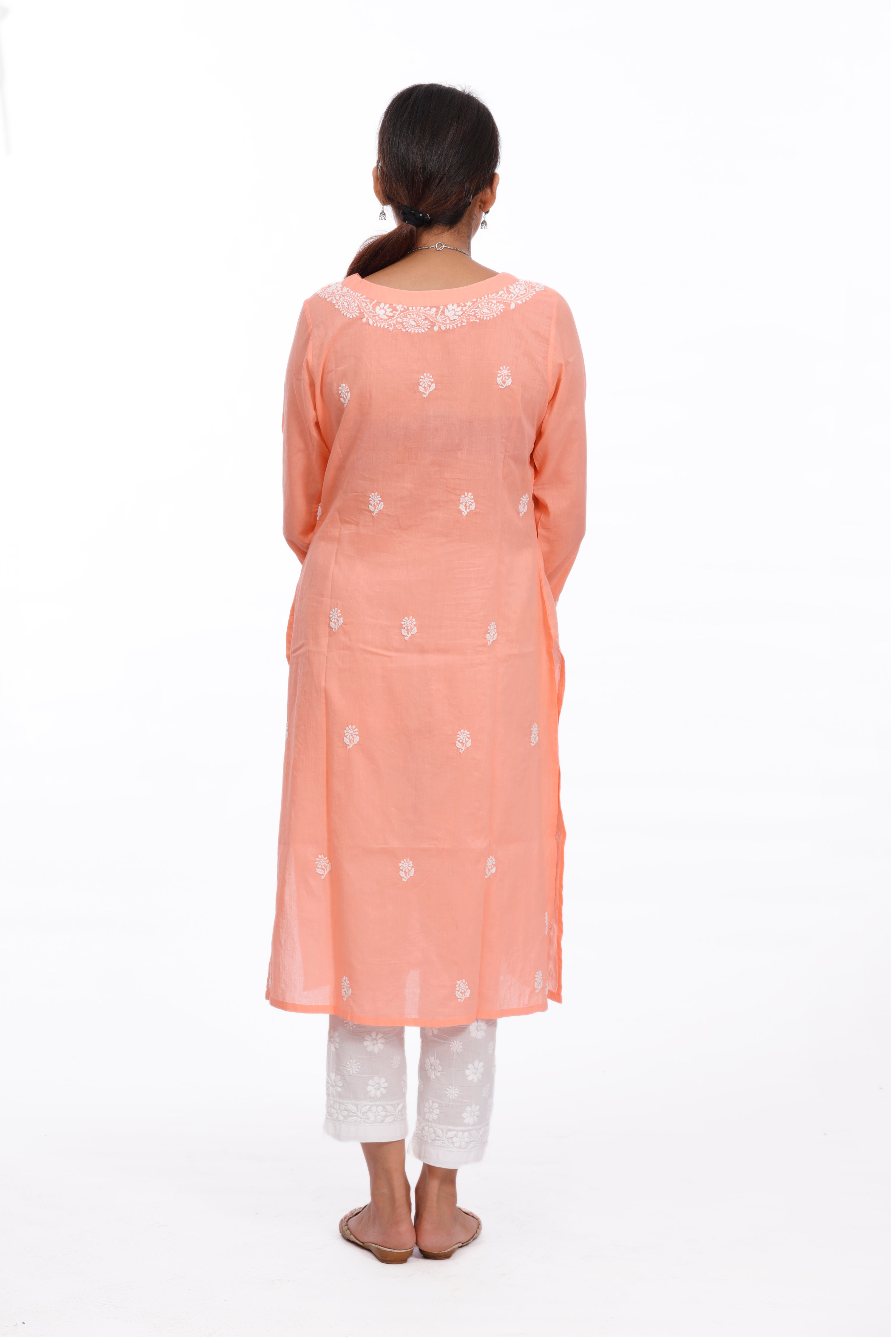 Chikankari cotton straight peach color kurta