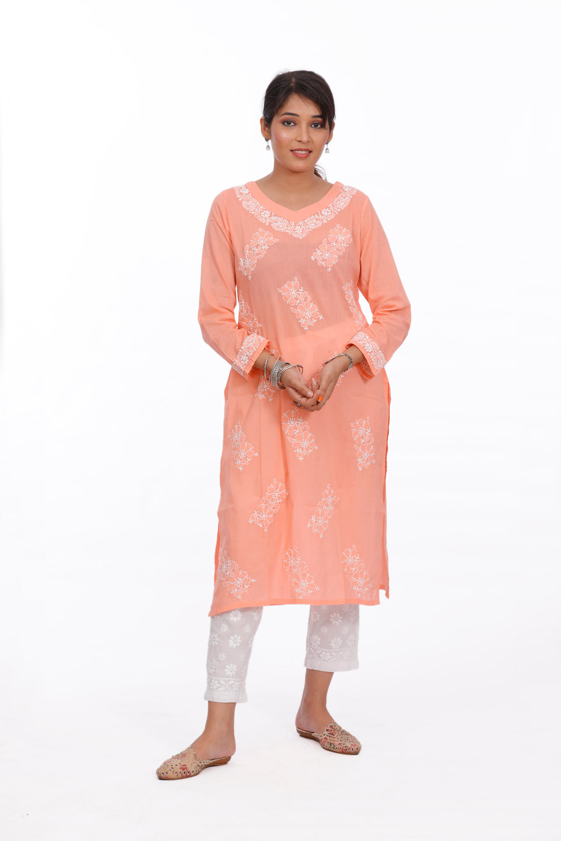 Chikankari cotton straight peach color kurta