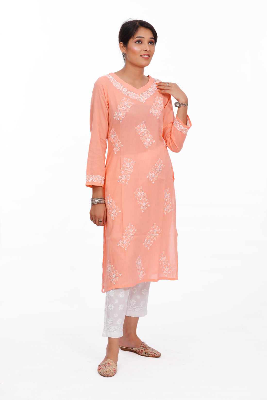 Chikankari cotton straight peach color kurta