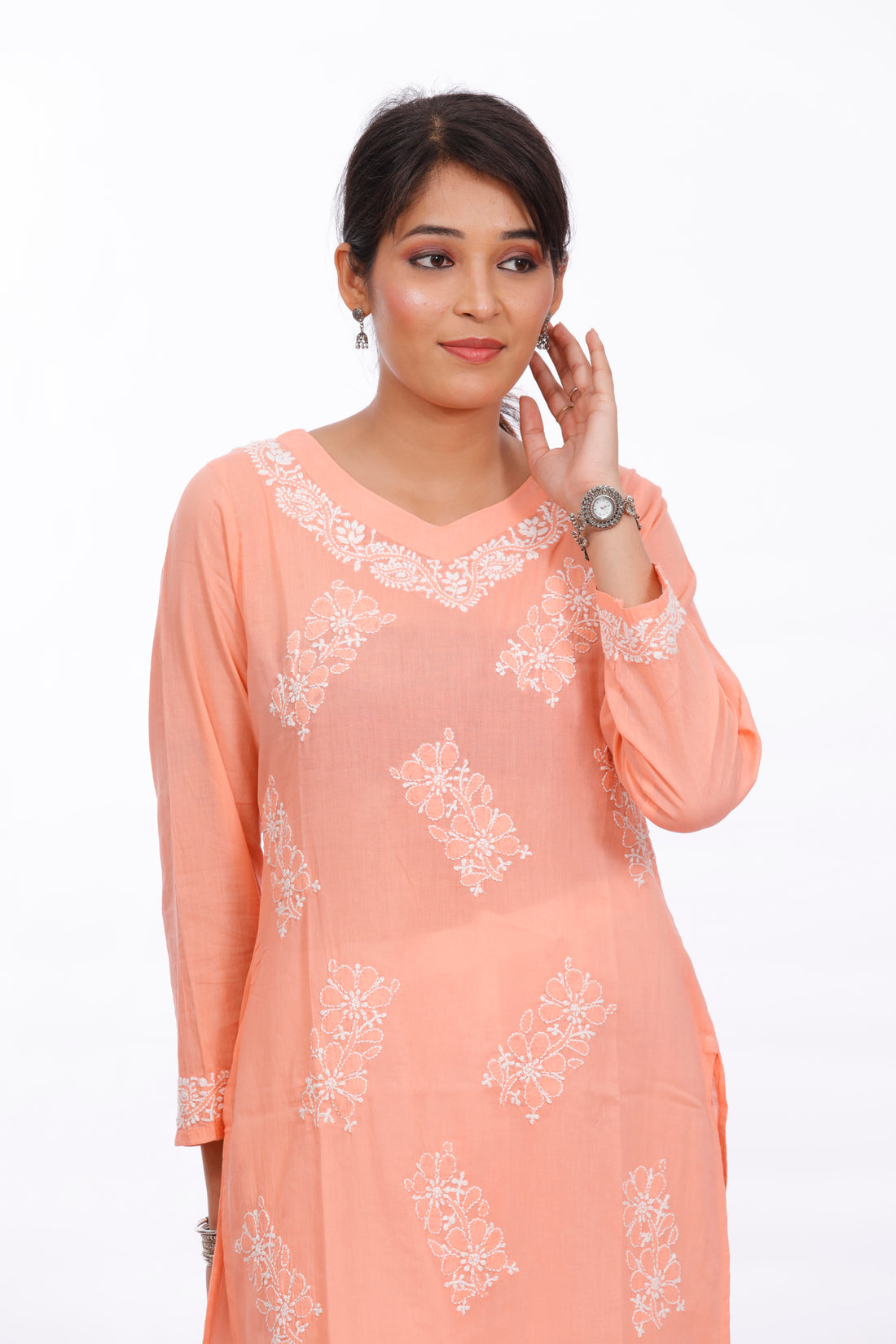 Chikankari cotton straight peach color kurta