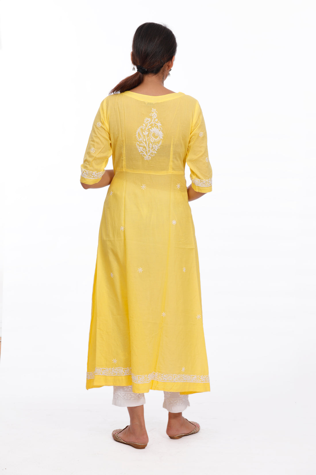 Chikankari cotton A-line yellow kurta