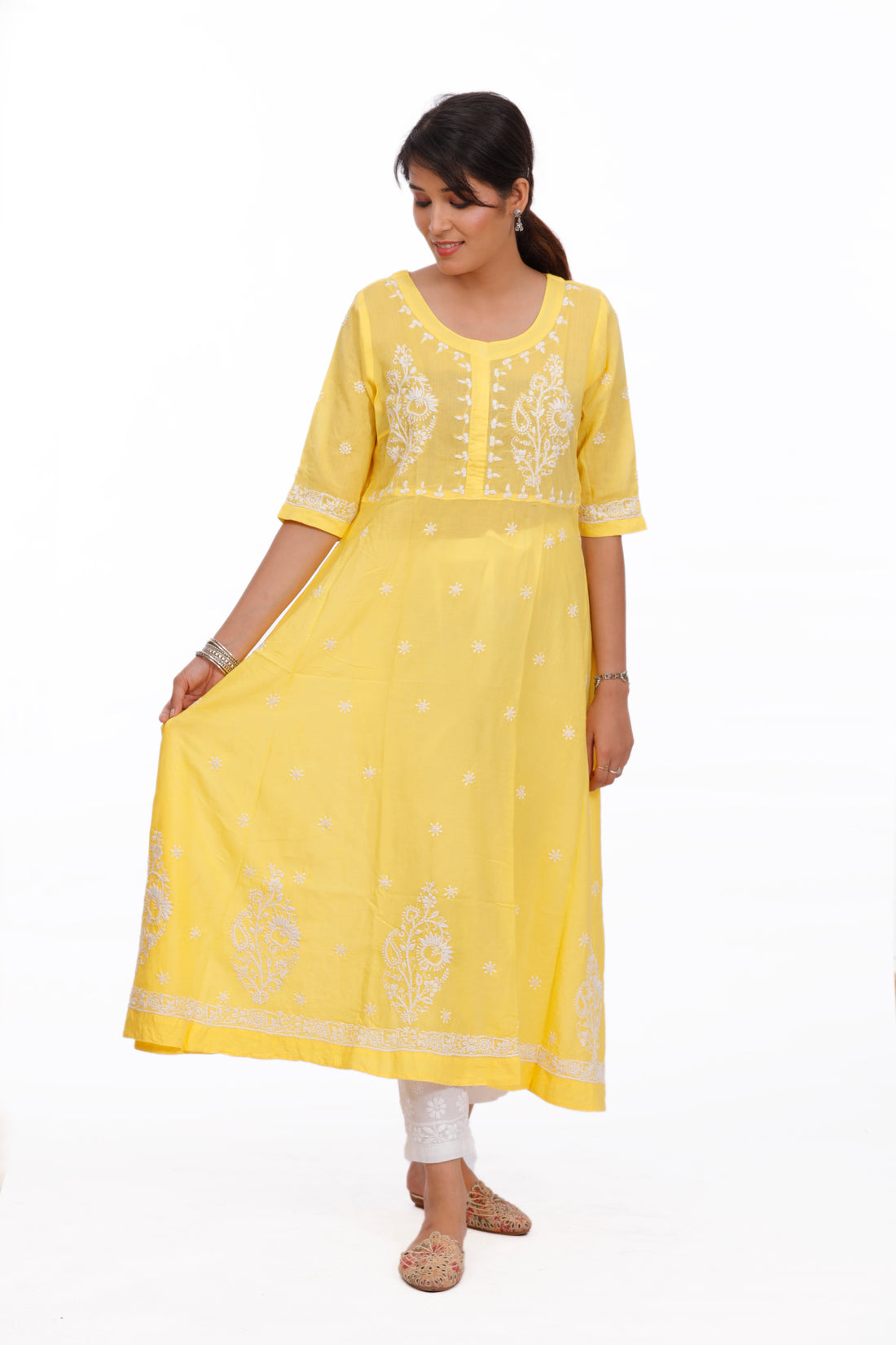 Chikankari cotton A-line yellow kurta