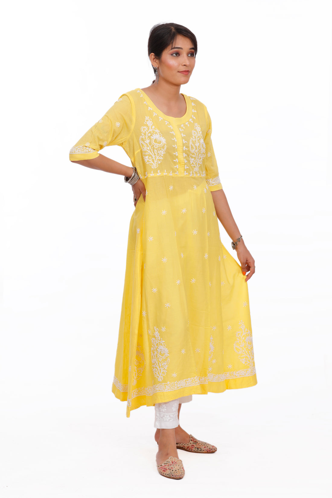 Chikankari cotton A-line yellow kurta