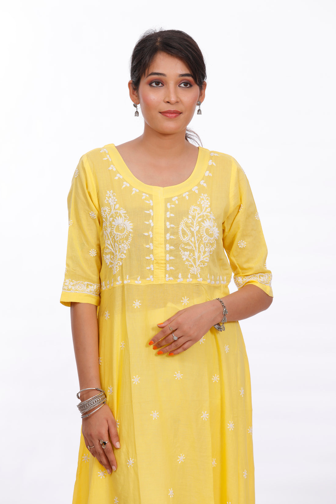 Chikankari cotton A-line yellow kurta