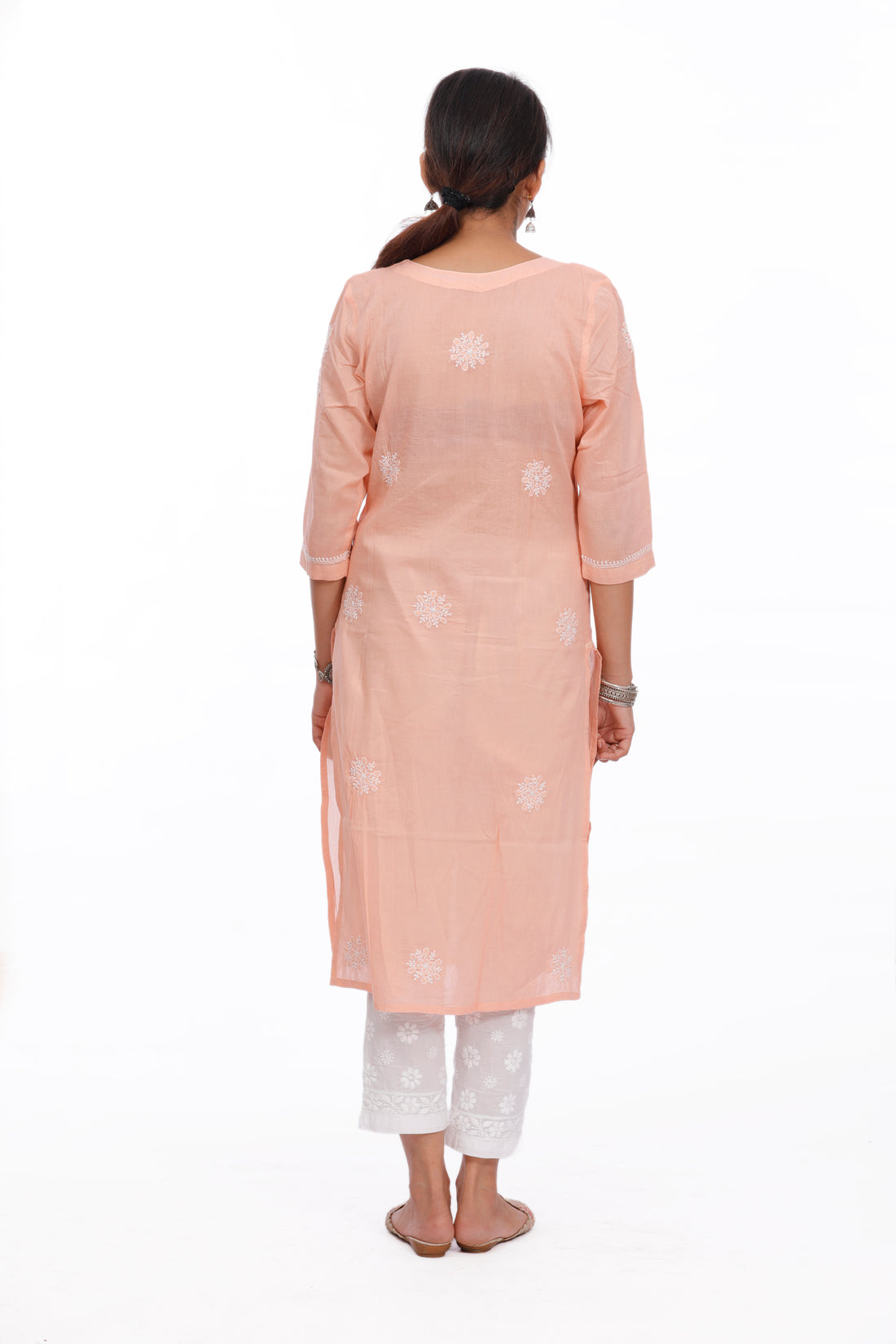 Chikankari cotton straight peach color potli button kurta