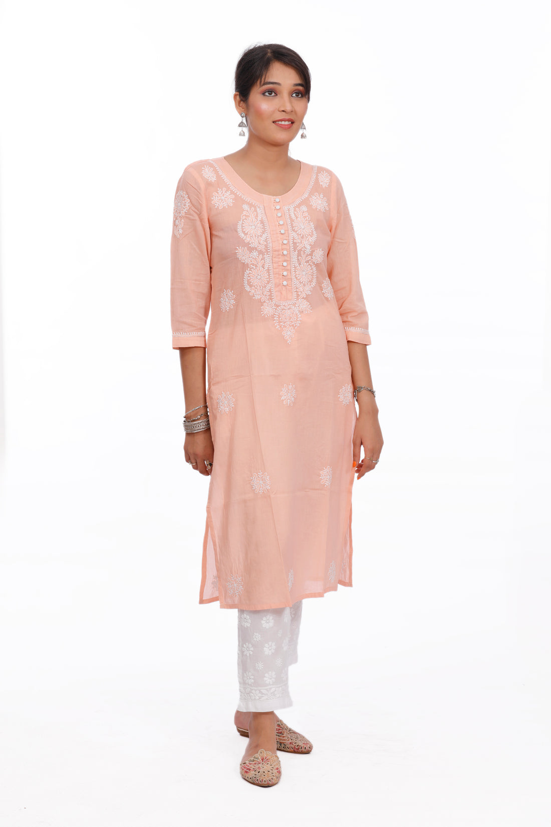 Chikankari cotton straight peach color potli button kurta