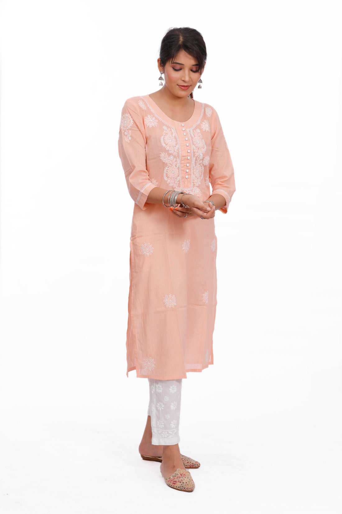 Chikankari cotton straight peach color potli button kurta