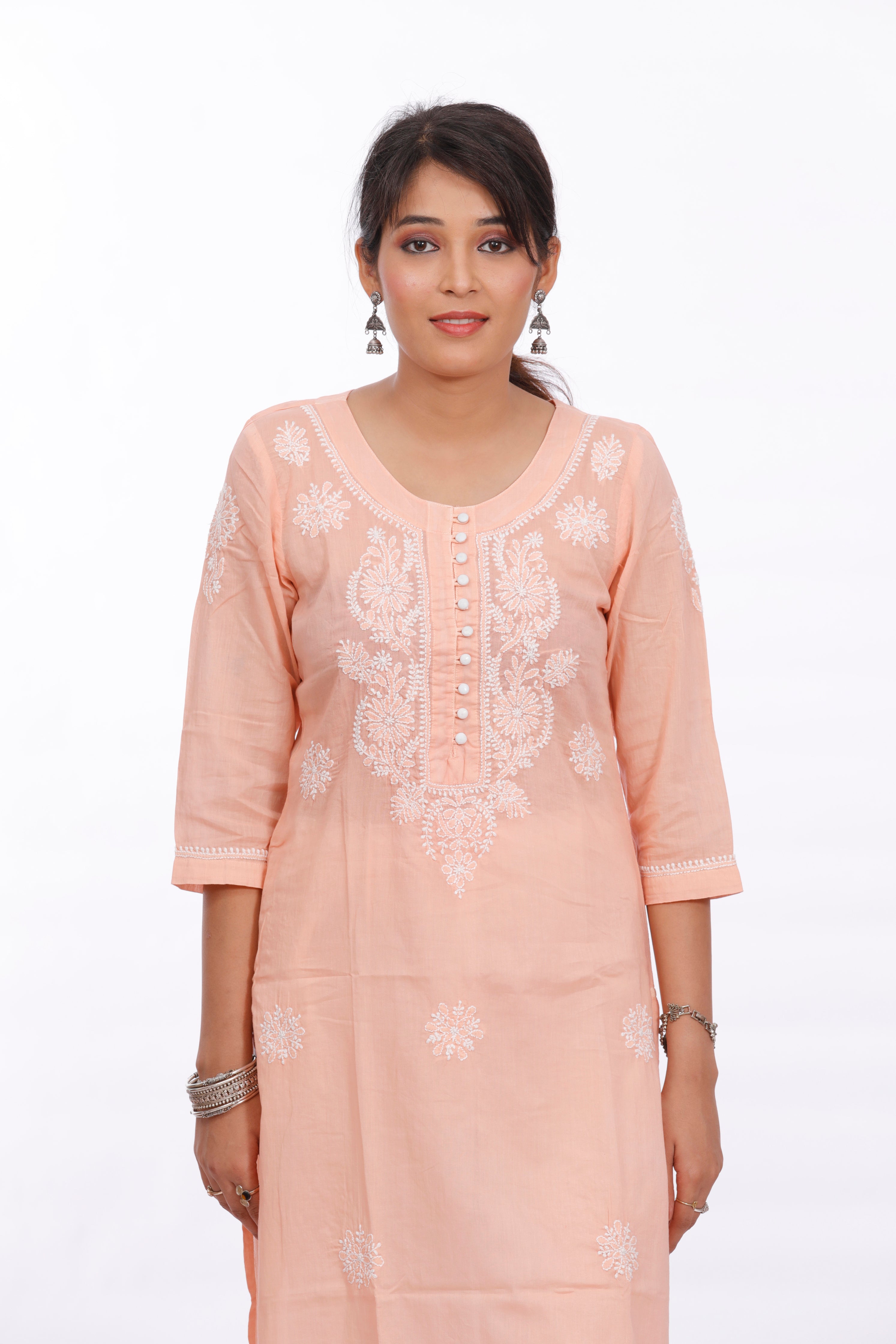 Chikankari cotton straight peach color potli button kurta