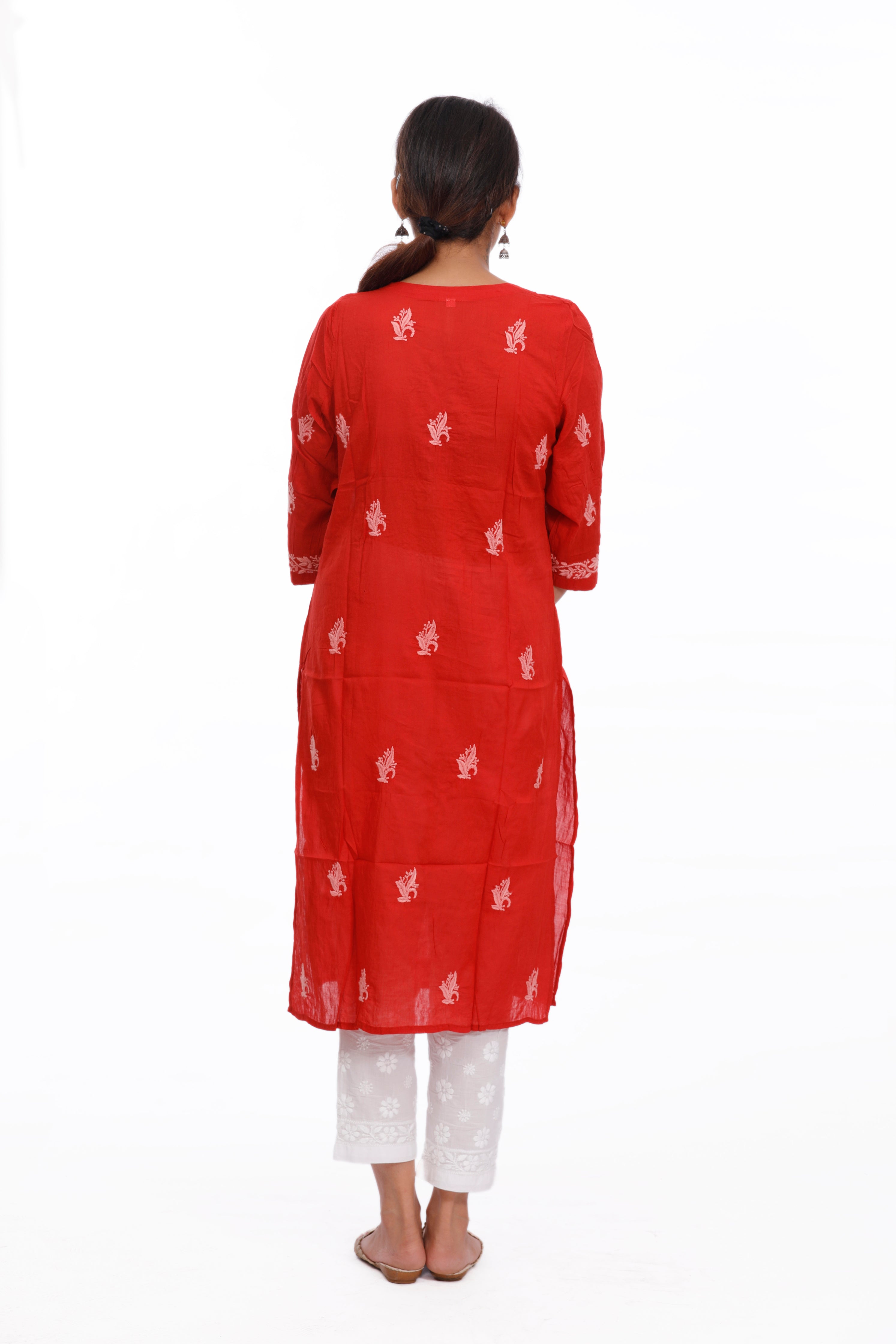 Semal Chikankari Cotton Red Straight Kurta