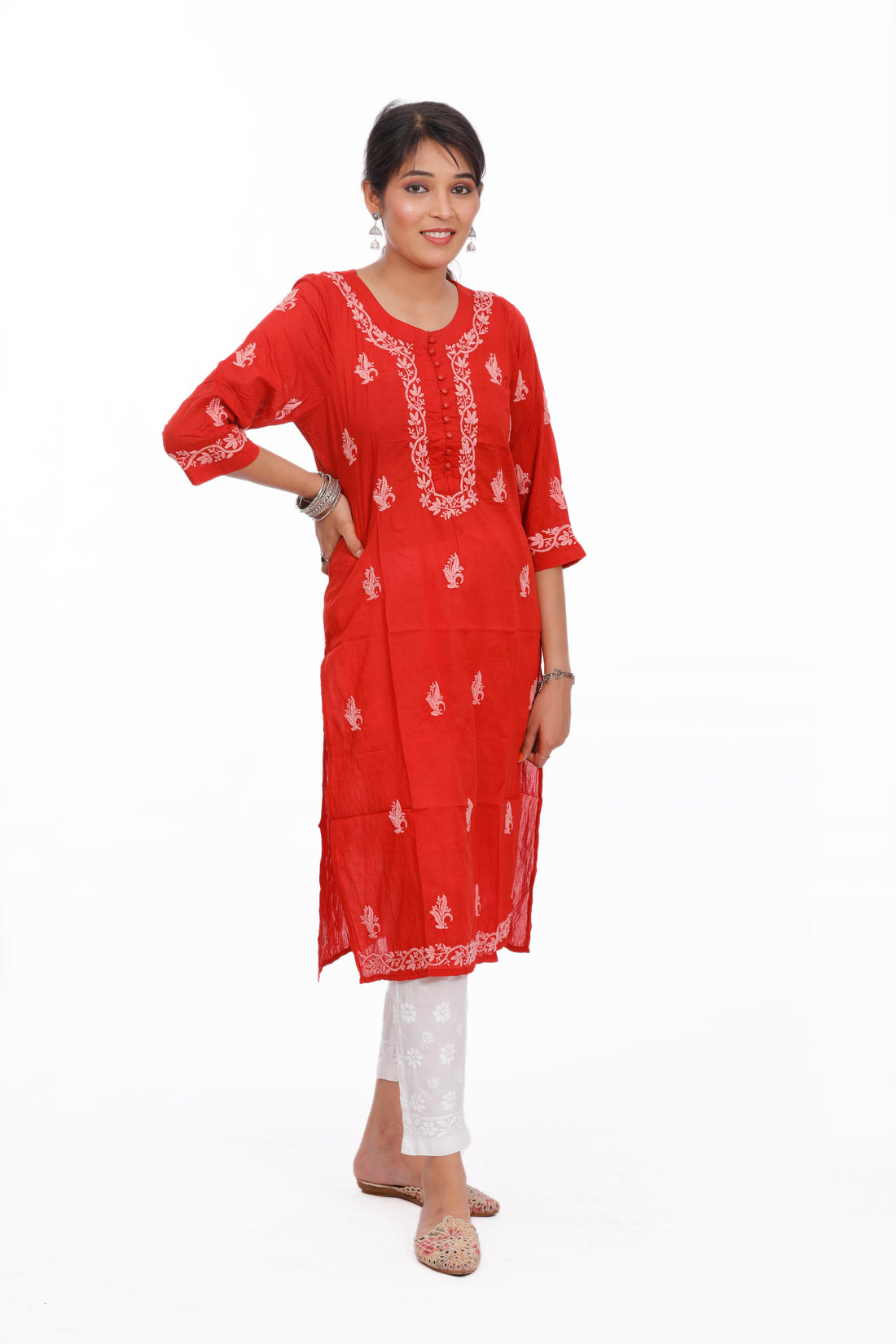 Semal Chikankari Cotton Red Straight Kurta