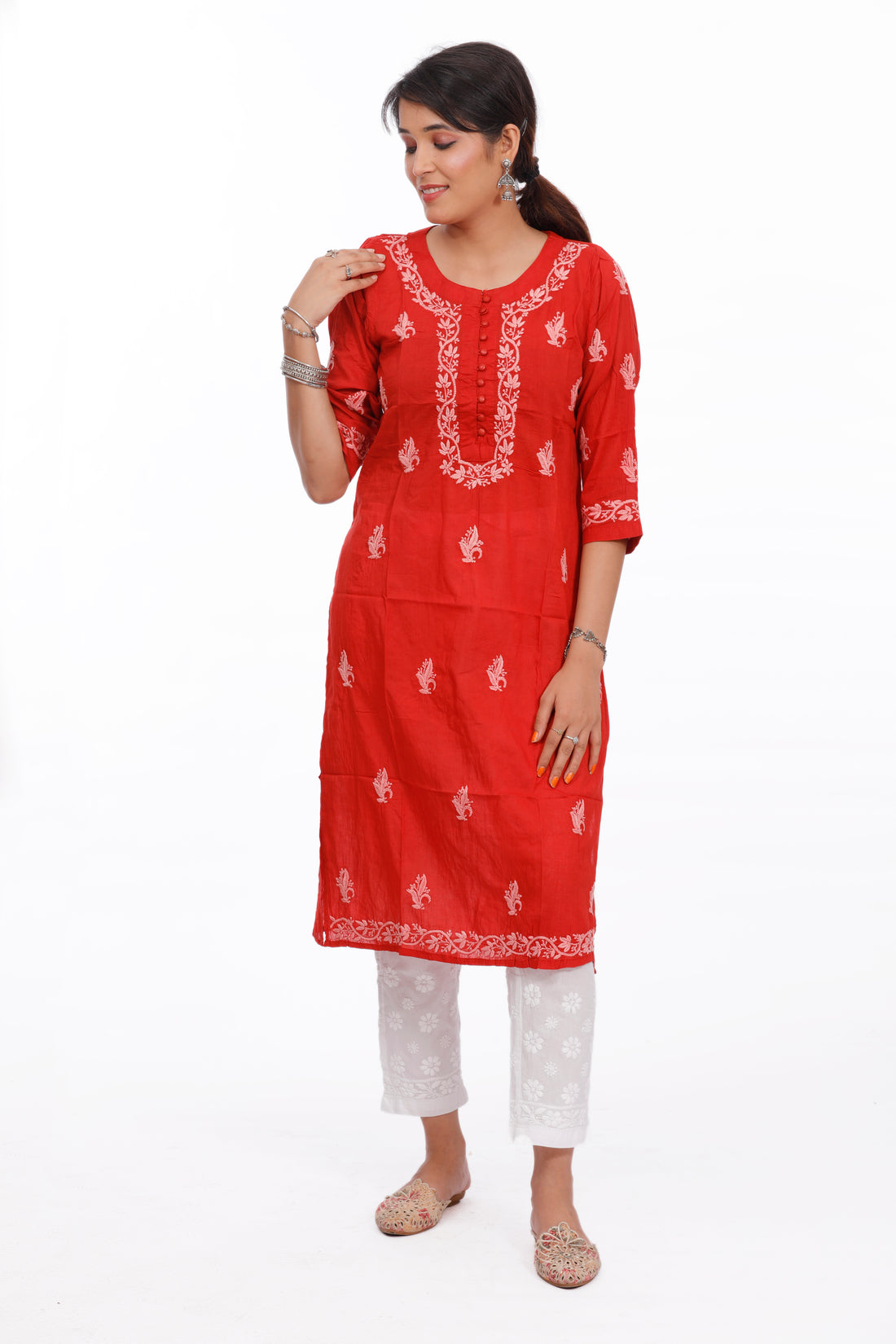 Semal Chikankari Cotton Red Straight Kurta