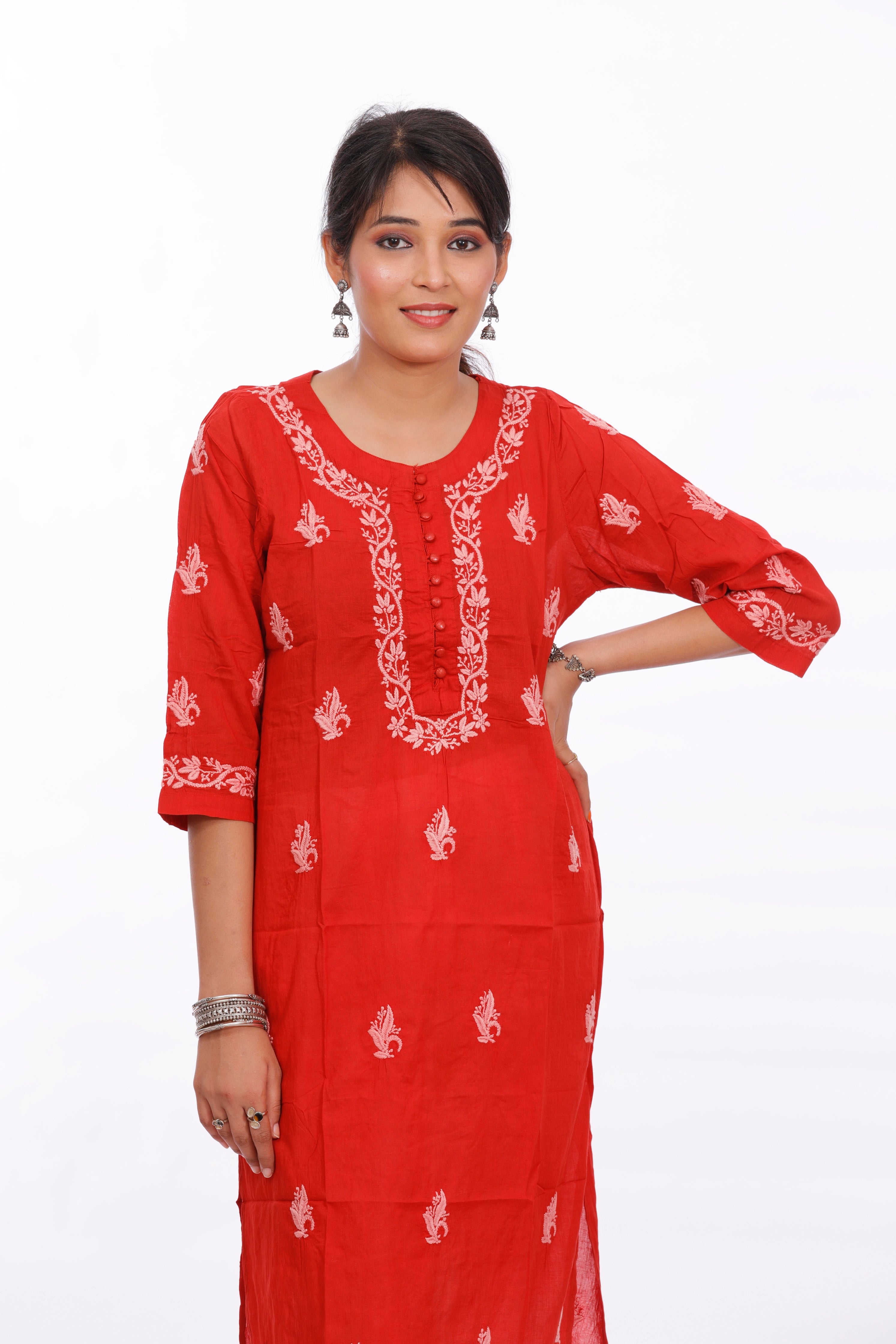 Semal Chikankari Cotton Red Straight Kurta