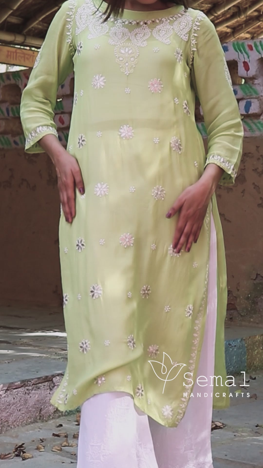 Semal handicrafts Chikankari straight lime green kurta