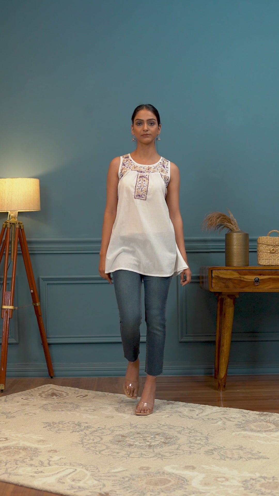 Effortless Chic: Chikankari Handloom Mulmul Cotton Sleeveless Top with Yoke Gather