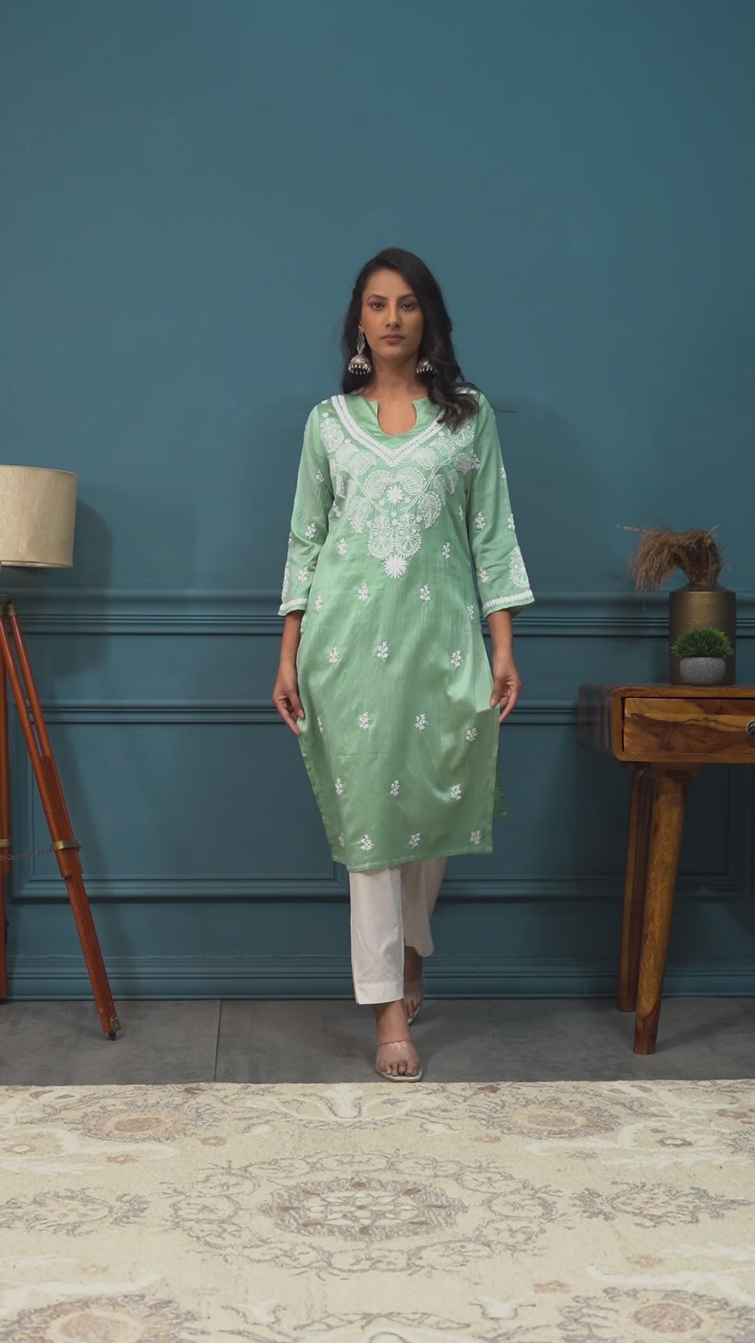 Semal Hand Embroidered Green Chanderi Lucknowi Chikankari Straight Kurta CH0016