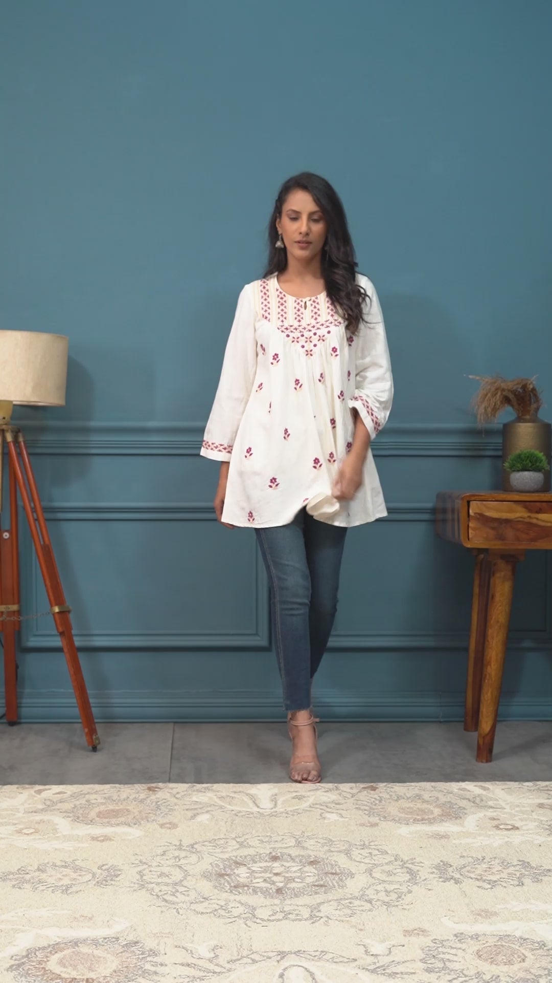 Chikankari cotton linen round neck with loop button V-yoke gather top