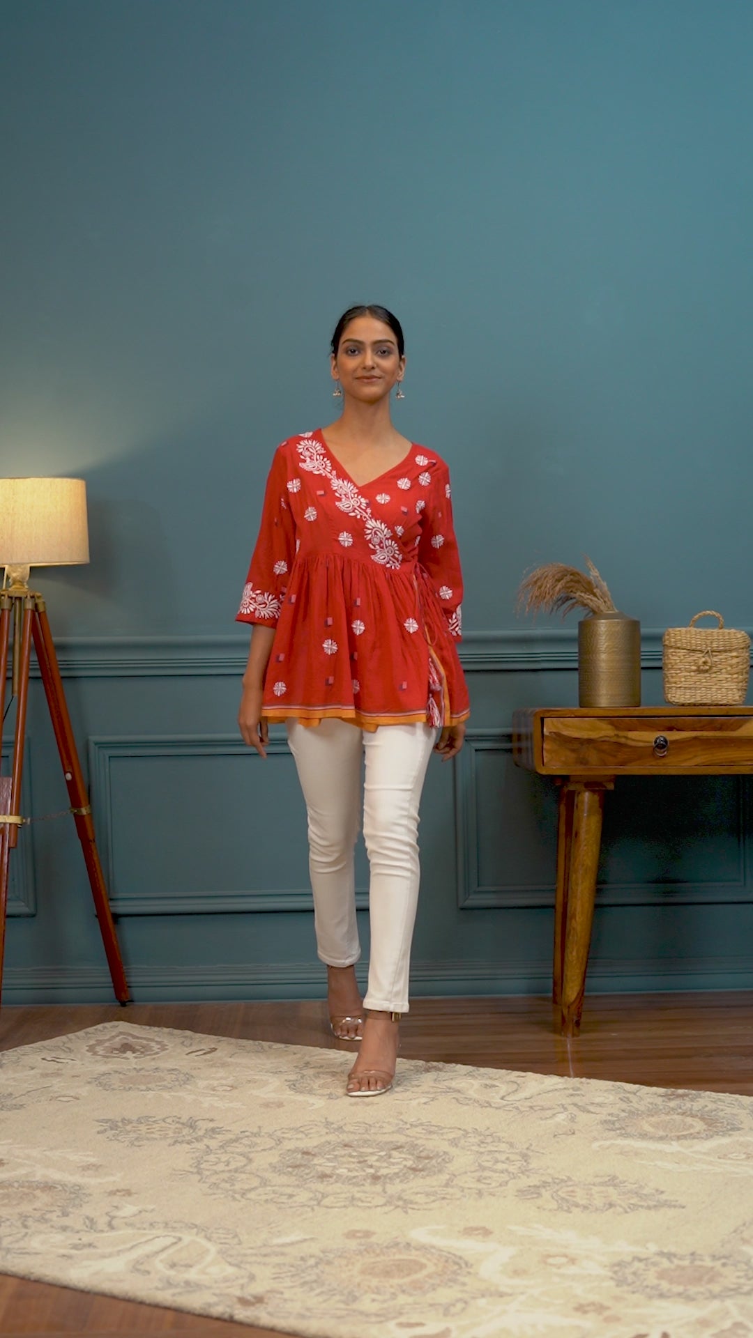 Red Radiance: Chikankari Handloom Jamdani Top