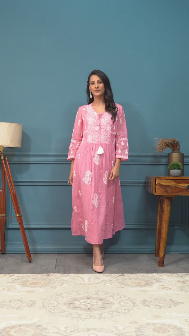 Chikankari Pink Kota Cotton Kurta with Neck Dori Delight