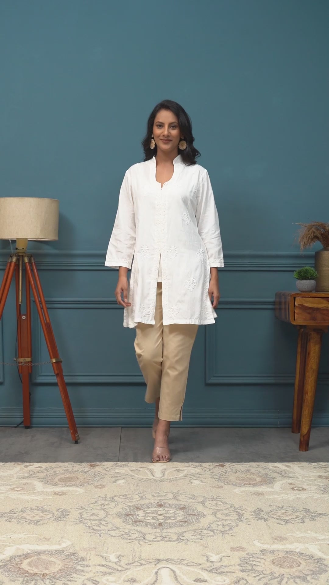 Chikankari cotton linen long shirt kurta with mukaish work