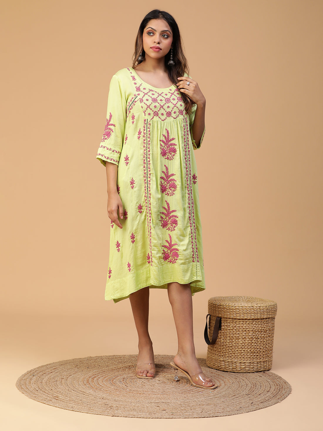 CHIKANKARI YOKE GATHER COTTON KURTA WITH LACE DETAILING