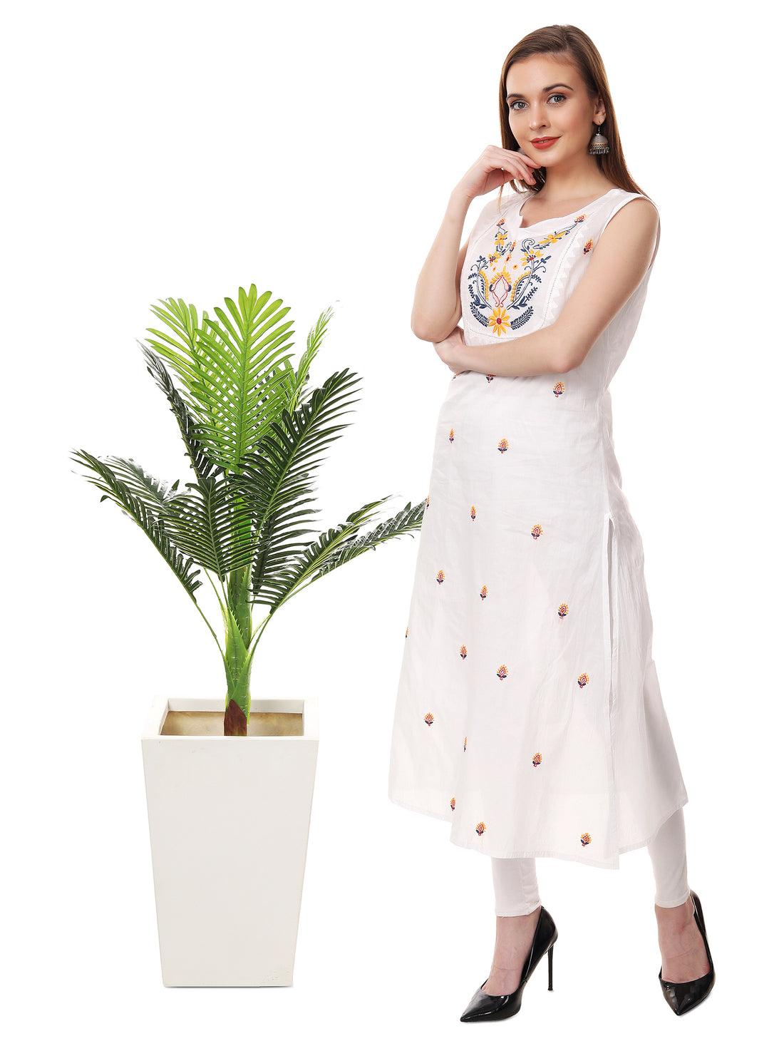 Chikankari cotton white A-line yoke kurta