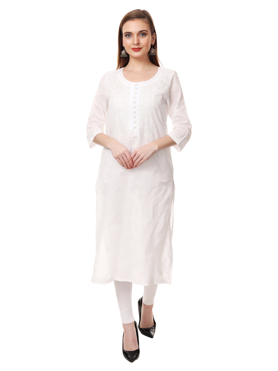 Chikankari cotton straight white color potli button kurta