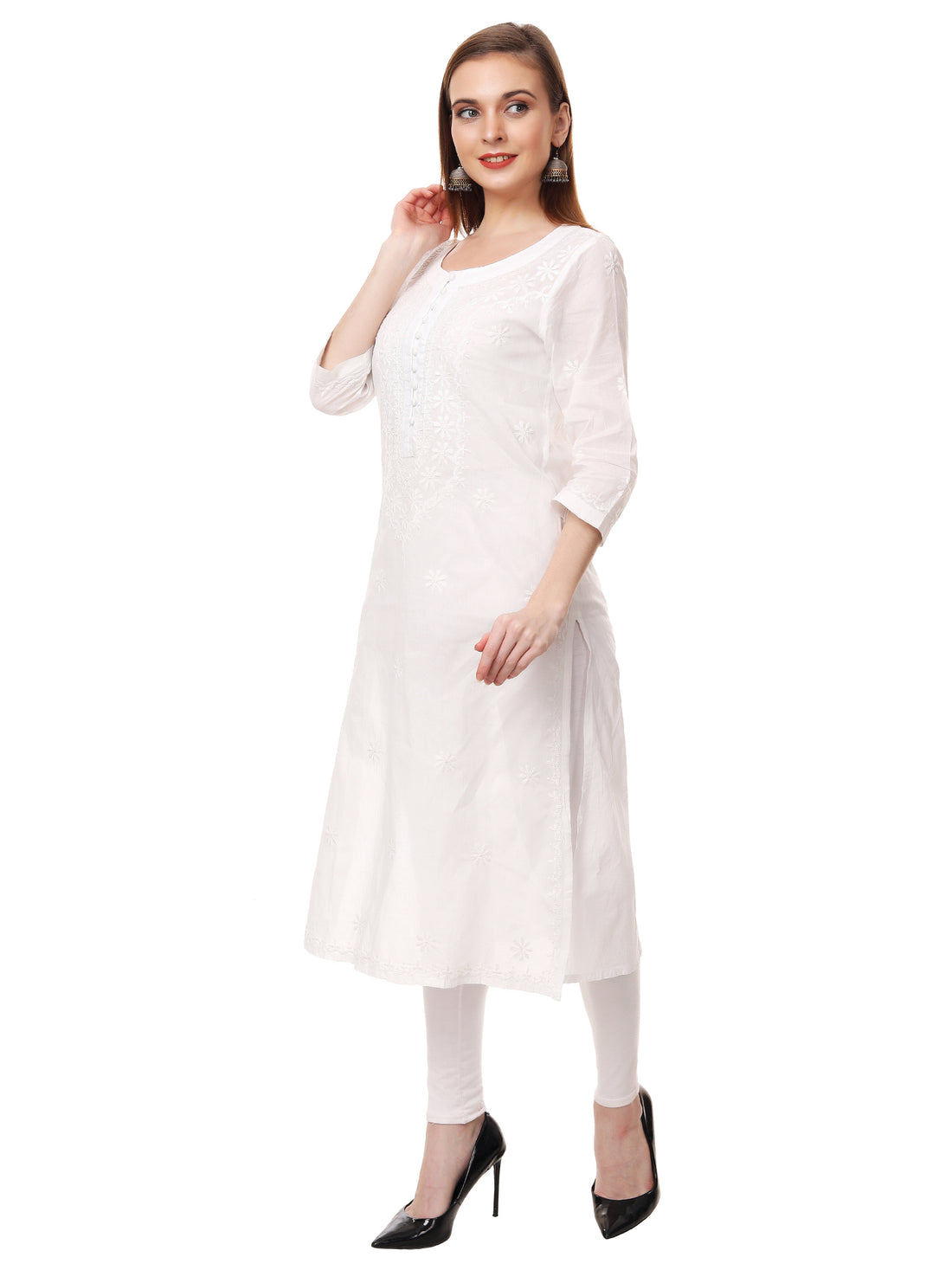 Chikankari cotton straight white color potli button kurta