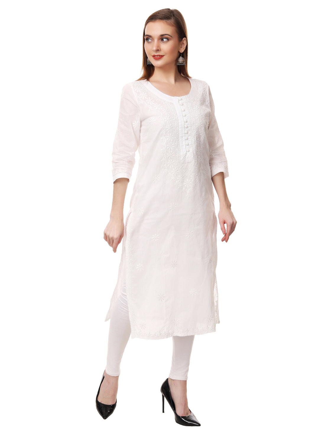 Chikankari cotton straight white color potli button kurta