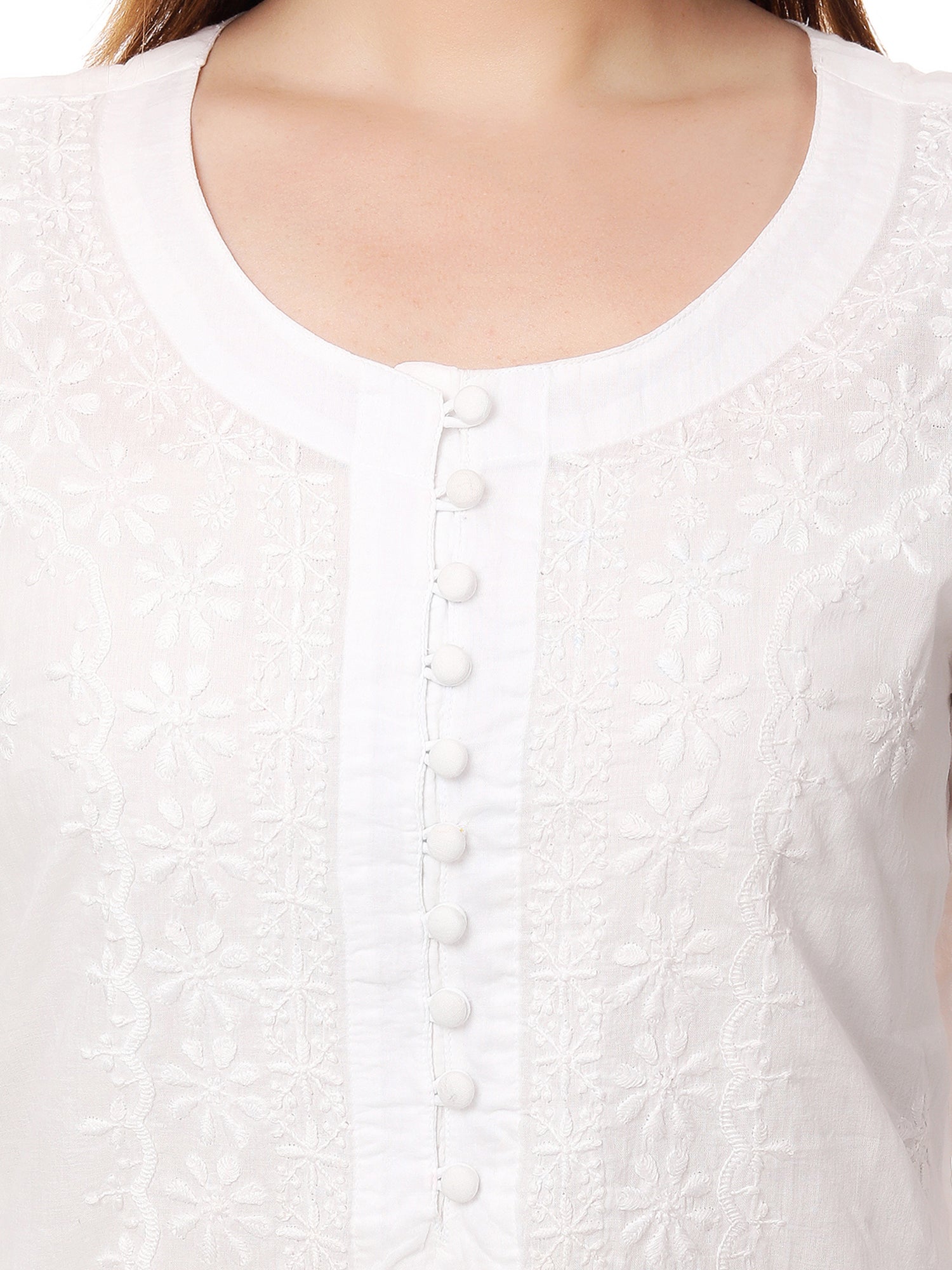 Chikankari cotton straight white color potli button kurta