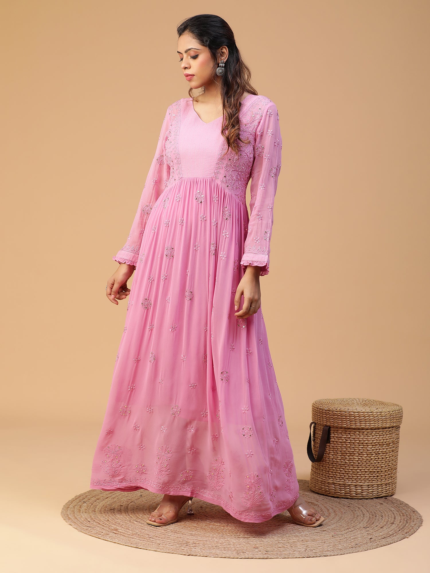 Chikankari viscose georgette yoke dress with mukaish work