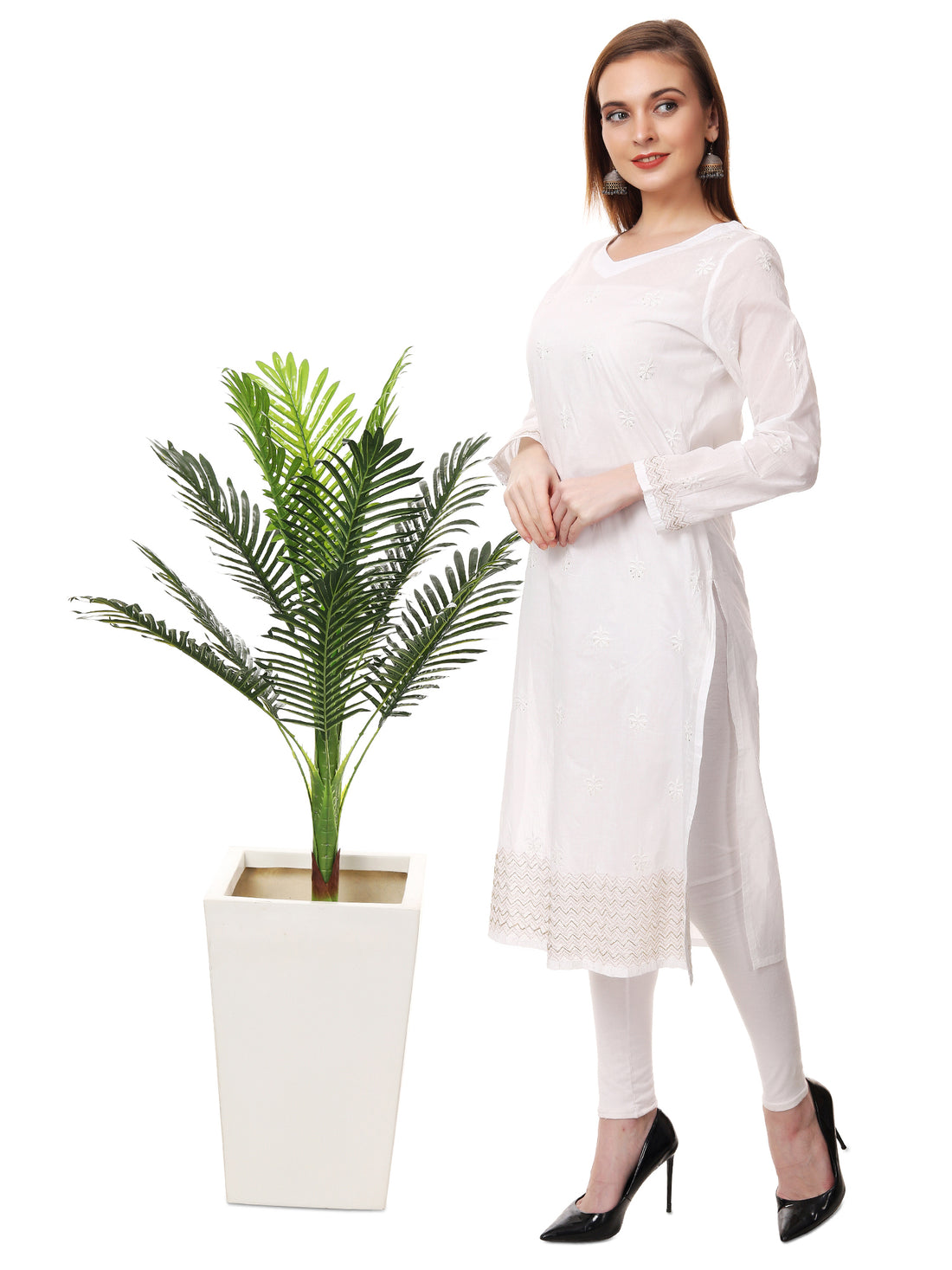 Chikankari cotton straight white color kurta with sequence embroidery on the hem.