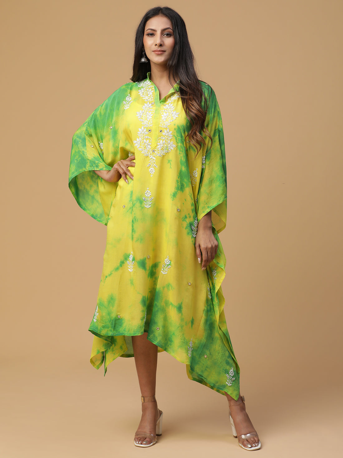 Muslin yellow & green shibori kaftan with Chikankari work