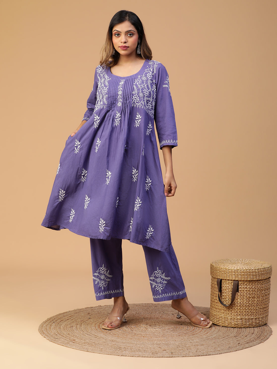 CHIKANKARI COTTON A-LINE PLEATED YOKE KURTA SET