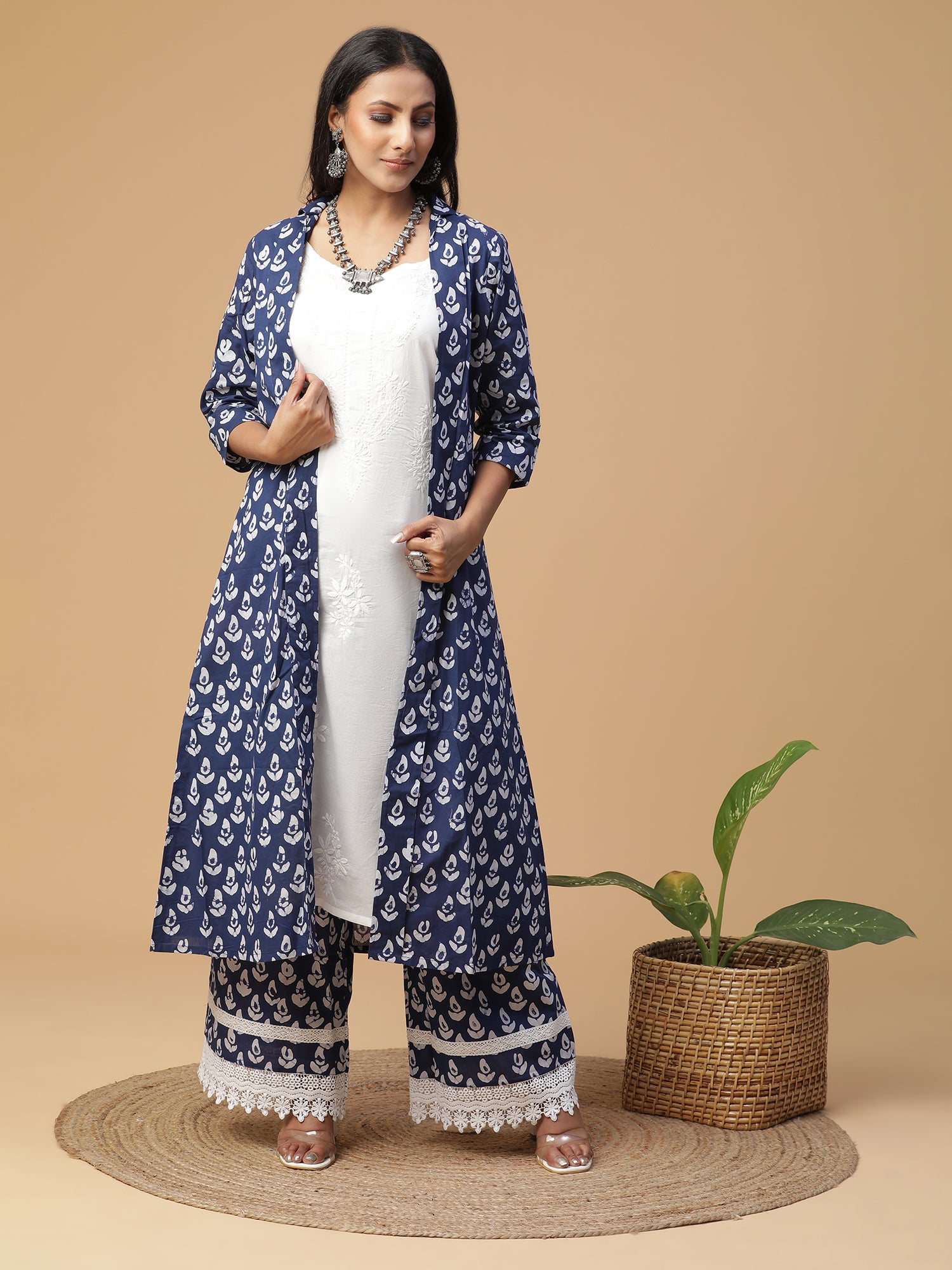 Indigo Cotton Hand Blocked Printed Palazzo with Lace Detailing