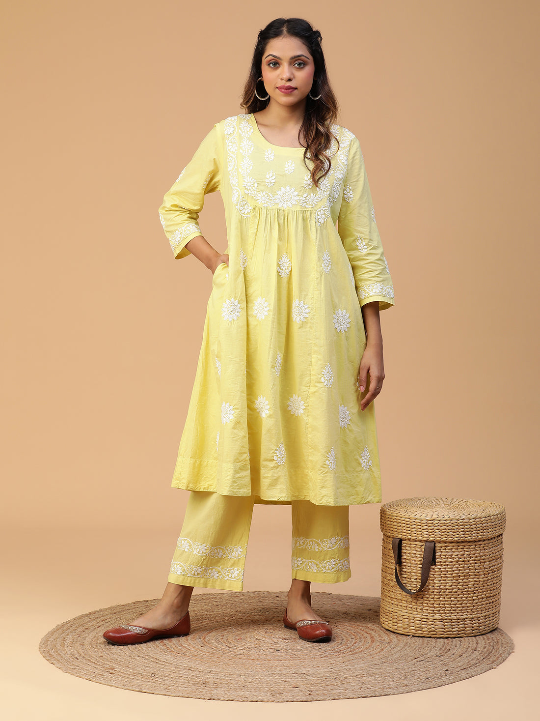 CHIKANKARI ROUND NECK YOKE GATHERED KURTA SET