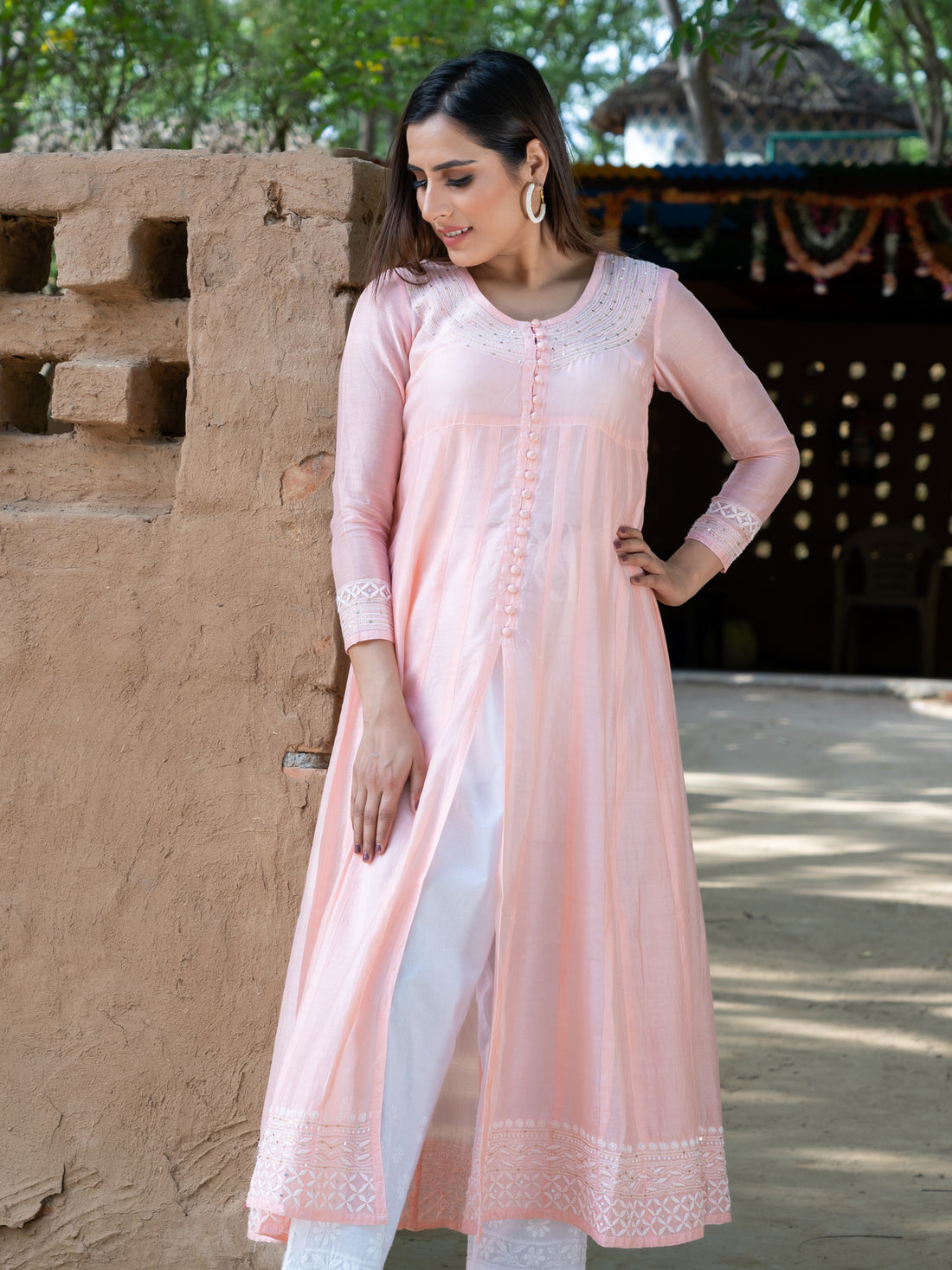 Chikankari Chanderi front slit open kali kurta