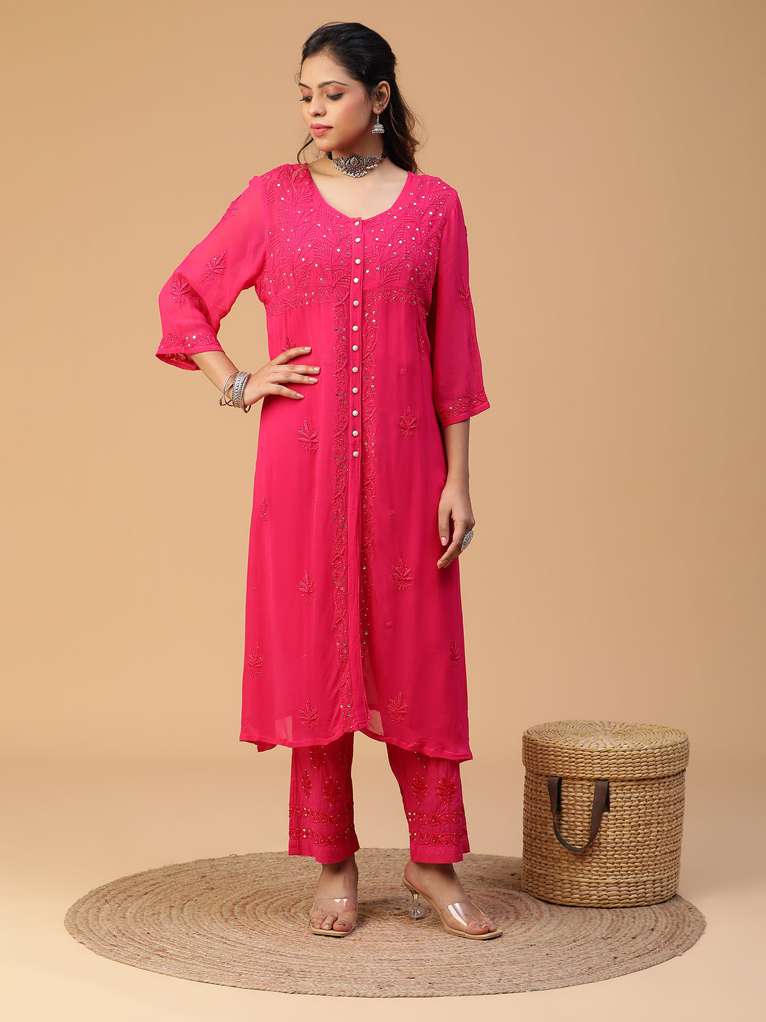 Chikankari viscose georgette kurta set with mukaish work