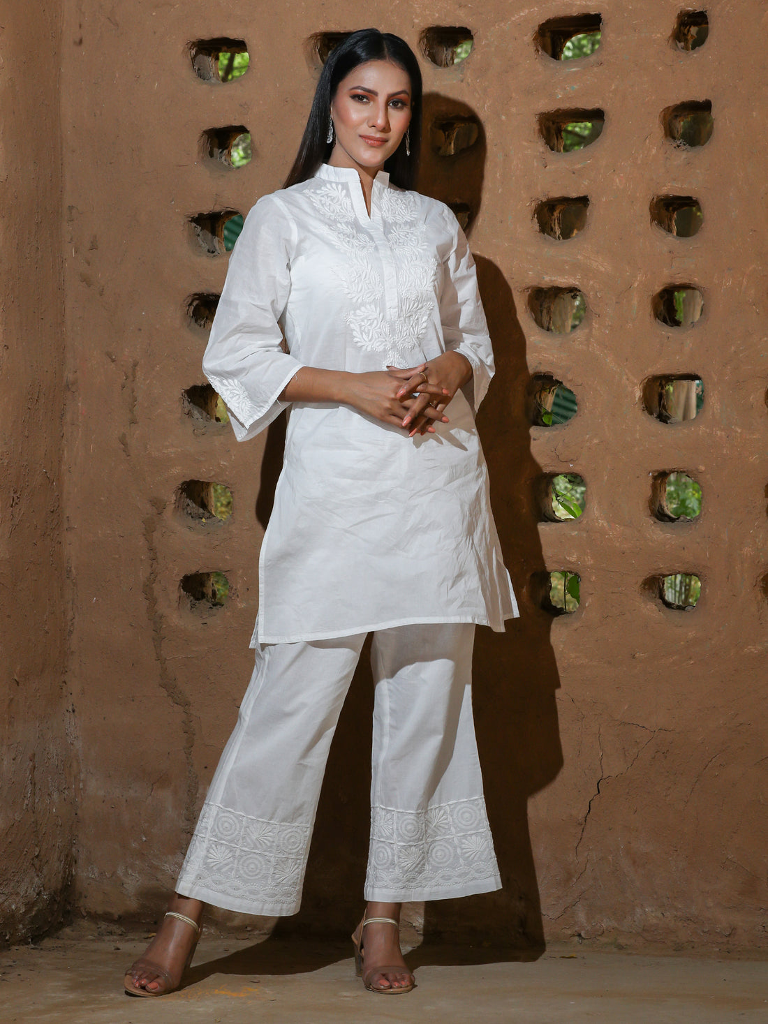 Semal handicrafts Chikankari white cotton knee length kurta