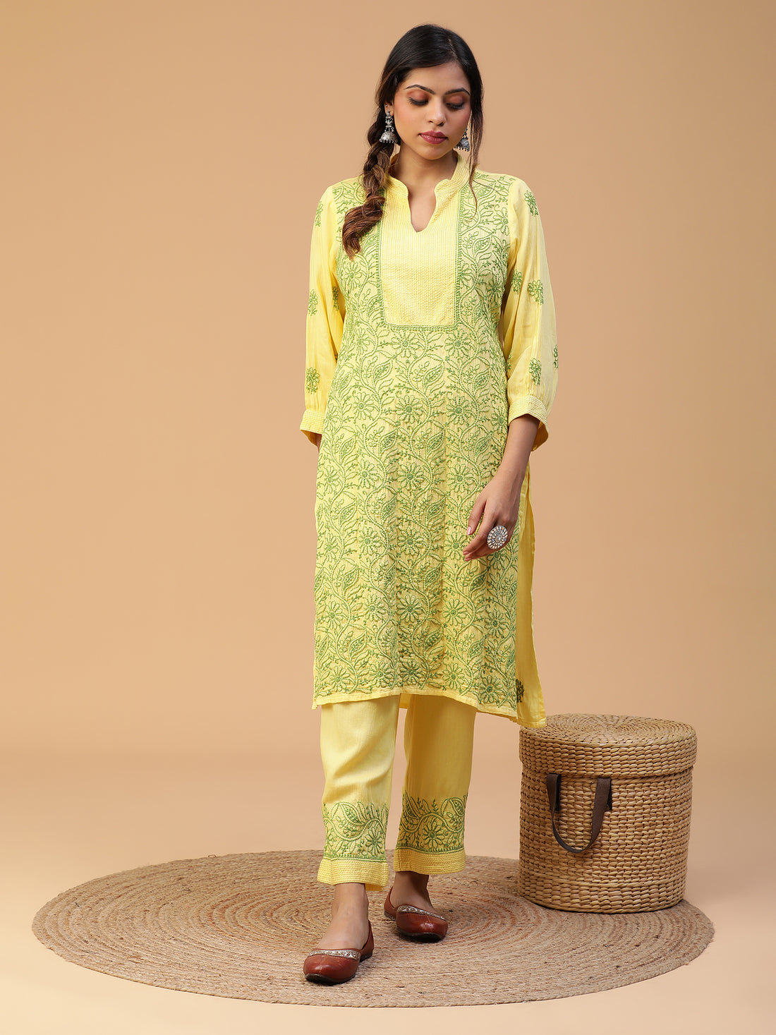 Lime Green Mandarin Collar Straight Kurta