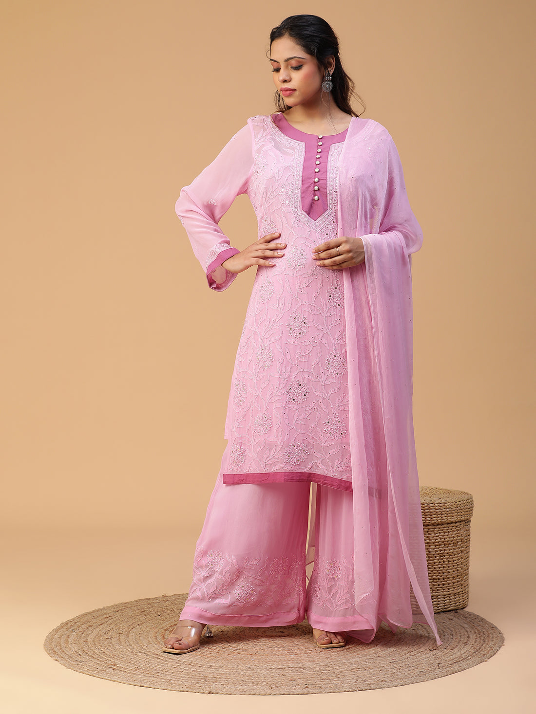 Chikankari pink georgette kurta set with mukaish dupatta