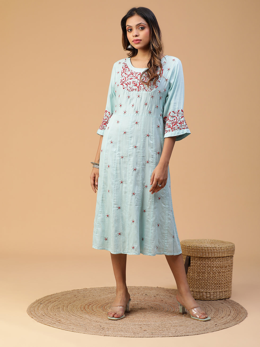 CHIKANKARI KALI FROCK  WITH EMBROIDERED YOKE