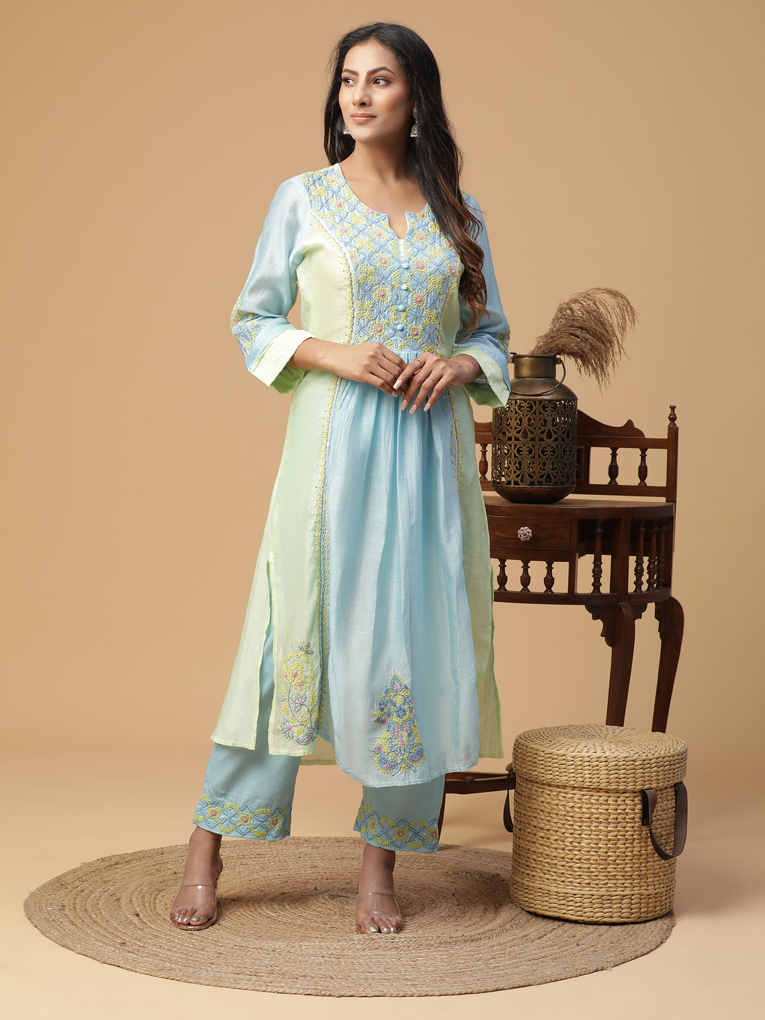 Semal Hand Embroidered Chanderi Pastle Blue Lucknowi Chikankari Kurta Set